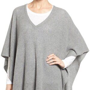 Halogen Cashmere Poncho Ribbed V Neck All Season Super Soft Gray One Size
